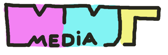 MUTmedia, a logo. Description: pink M, cyan U, yellow T with colour bleeding out of a sloppily defined contour of the word MUT. The same line that defined the contour is used to write media in smaller letters