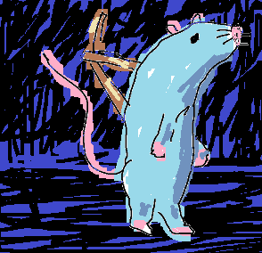 a rat standing on its back legs with a wooden structure on its back